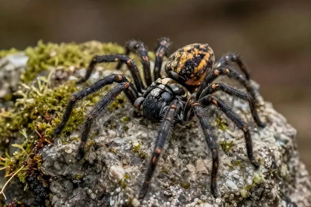 Araña grande permanece inmóvil sobre una roca cubierta de musgo
