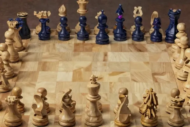 Filas opuestas de piezas de madera esperan sobre un tablero liso