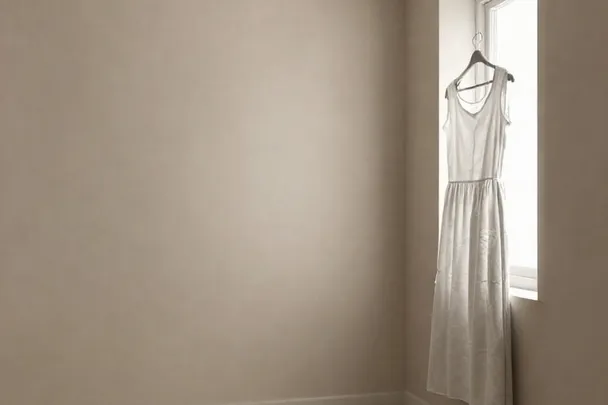 Vestido liso cuelga junto a una ventana de dormitorio vacía