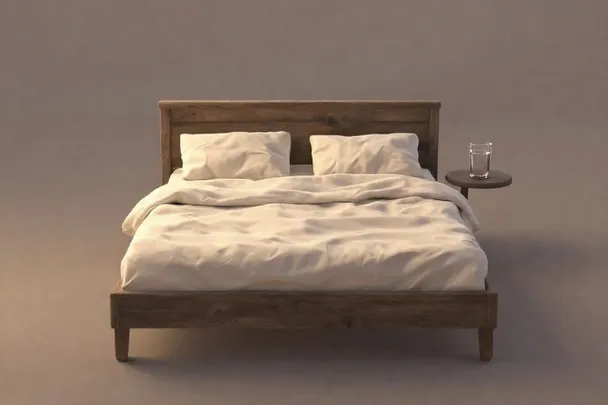 Cama vacía y ordenada recibe luz junto a un vaso de agua