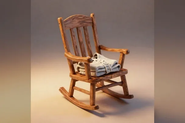 Mecedora vacía con una chaqueta de punto doblada sobre el asiento.