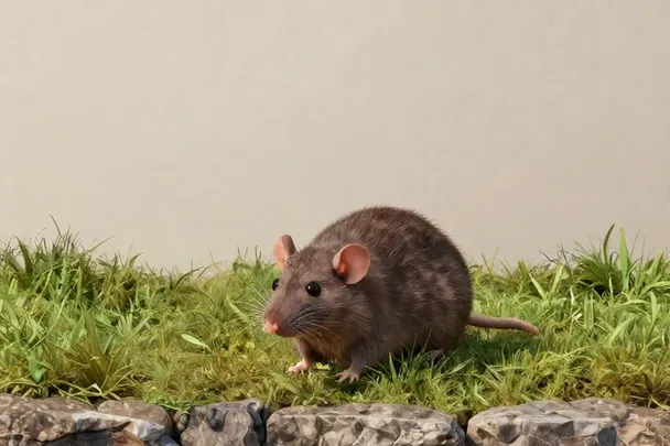 Rata parda junto a la hierba y unas piedras.