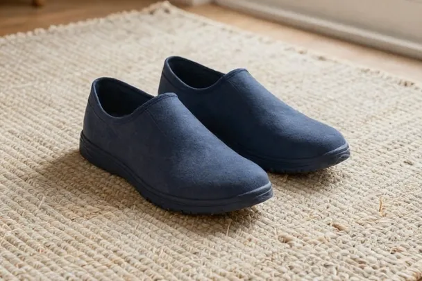 Par de zapatos nuevos sin marcas descansa sobre una alfombra