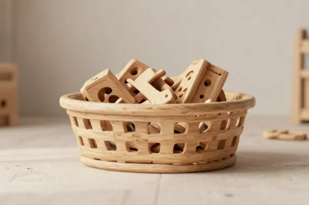 Juguetes de madera guardados en una habitación tranquila.