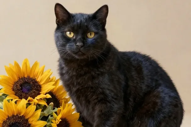 Gato negro sereno descansa junto a girasoles en un patio luminoso