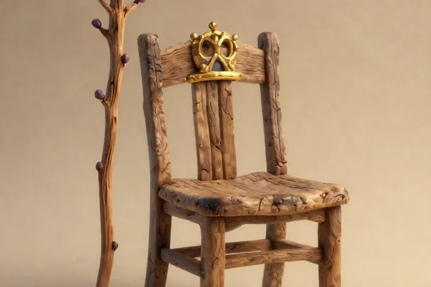 Bastón de madera con brotes descansa junto a una silla robusta
