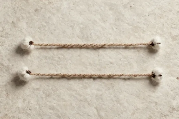 Dos tramos cortos y rectos de cordel fino, separados sobre piedra clara.
