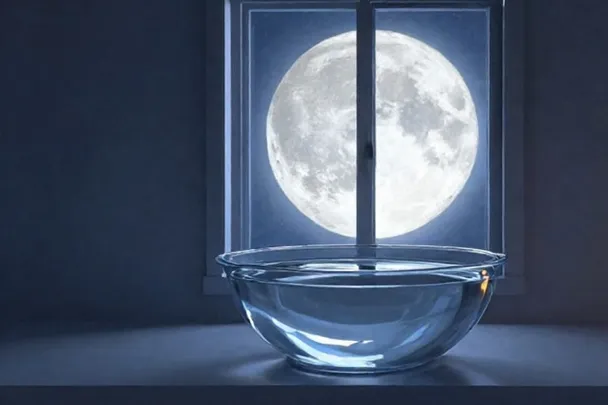 Luna llena sobre un cuenco de agua, con una vela apagada en una repisa lejana.