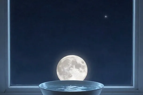 Cuenco de agua ante una ventana con la luna llena visible.