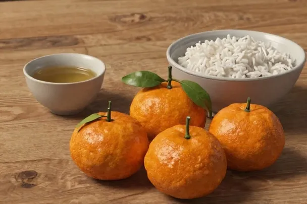 Fruta fresca, arroz y té sobre una mesa doméstica limpia.