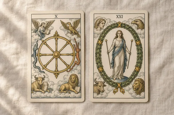 Ilustraciones de la Rueda de la Fortuna y El Mundo en dos cartas sobre lino claro
