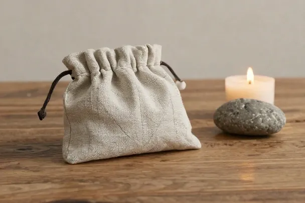 Bolsa de lino cerrada junto a una vela apagada y una piedra lisa.