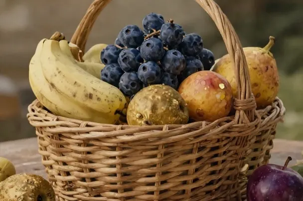 Cesta de fruta fresca descansa sobre una mesa abierta al jardín