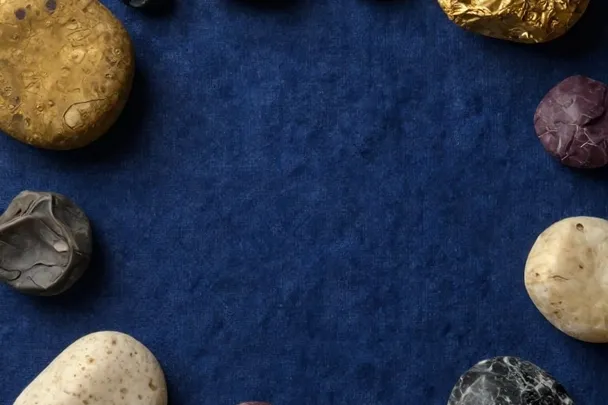 An illustrated yellow sun on a deck of cards beside dried flowers