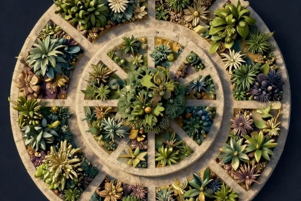Sendero circular rodea un jardín verde visto desde arriba