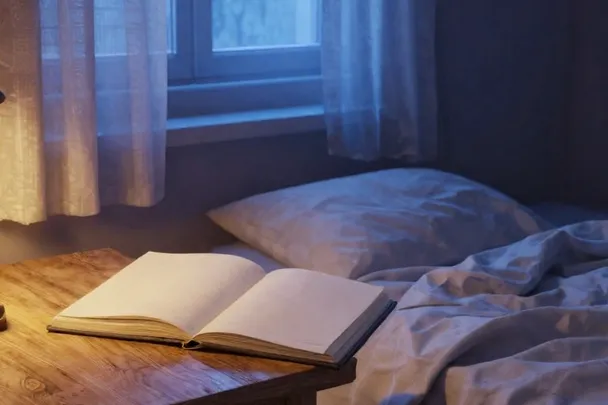 Cama ordenada junto a un cuaderno cerrado bajo una luz azul de amanecer