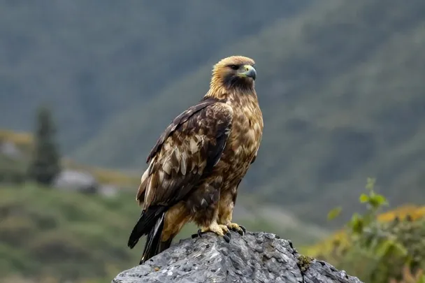Águila tranquila posada sobre una roca con montañas al fondo.