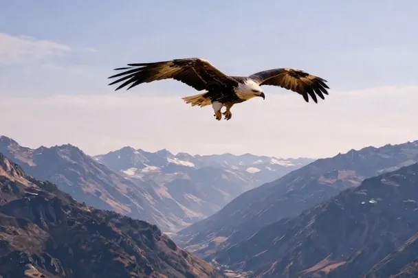 Águila planea sobre un valle montañoso bajo un cielo despejado