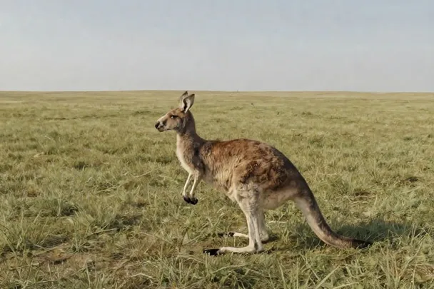 Canguro adulto pequeño en una pradera amplia, con el cuerpo y la cola completos.