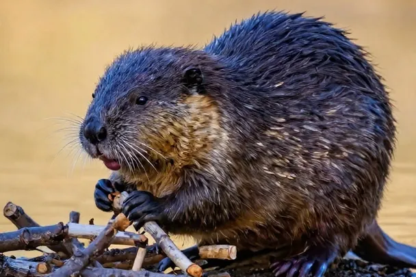 Castor descansa junto a ramas en la orilla de un río