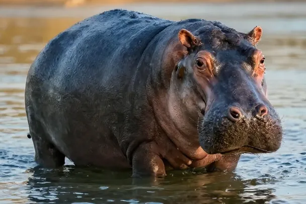 Hipopótamo permanece tranquilo en aguas poco profundas