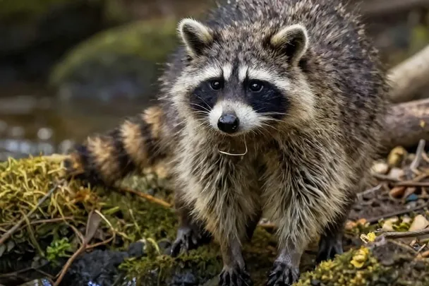 Mapache curioso junto a un arroyo bajo una luz suave