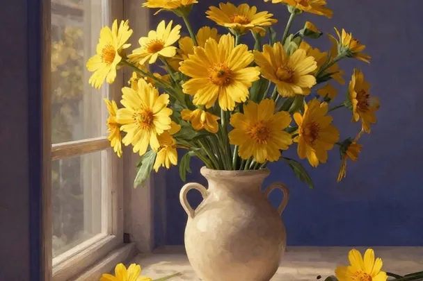 Flores amarillas alegran un jarrón sencillo junto a una ventana