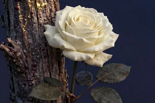 Rosa blanca crece junto a un tronco de corteza curtida