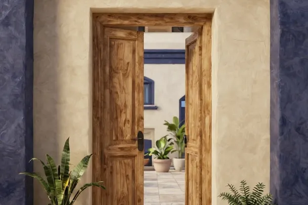Puerta de madera abierta hacia un patio luminoso