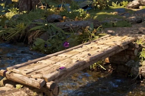 Puente de madera sólido atraviesa un arroyo entre árboles verdes
