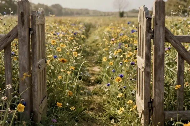 Sendero atraviesa una puerta de jardín abierta hacia un prado