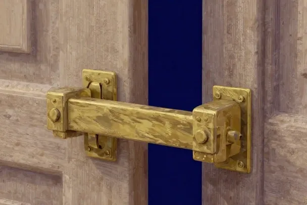 Cerrojo de madera sencillo acompaña una puerta robusta abierta al patio