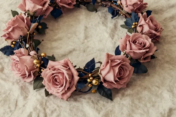 Rosas rosadas forman una corona suelta sobre lino claro