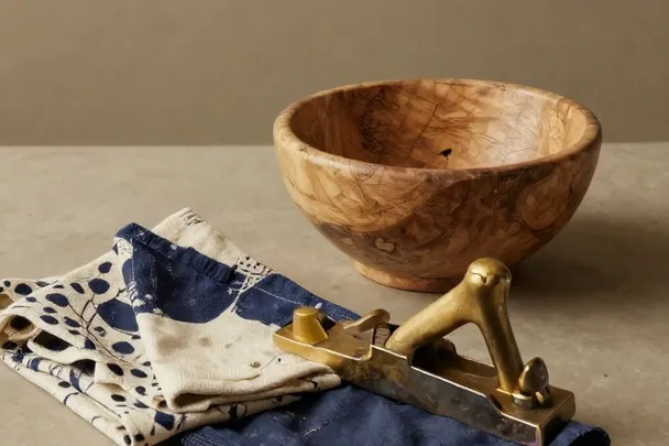 Cuenco de madera reparado y herramientas sencillas sobre un banco