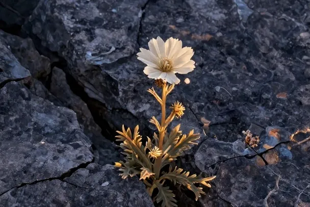 Flor silvestre crece entre las grietas de una roca iluminada