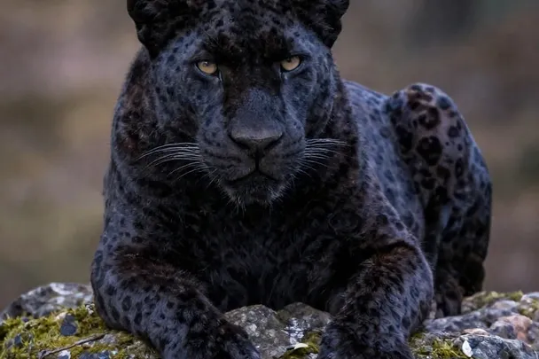 Pantera negra descansa sobre una roca en un bosque verde