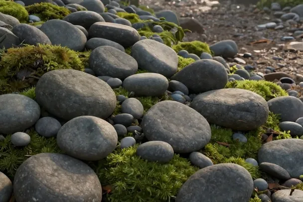 Piedras lisas sin símbolos descansan entre musgo y niebla suave