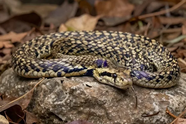 Serpiente tranquila descansando sobre una roca entre hojas.