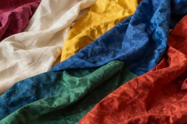 Telas de colores extendidas bajo una luz de ventana.