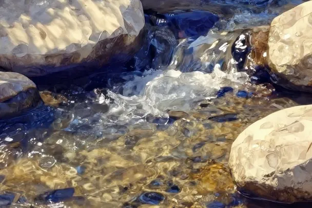 Agua cristalina fluye sobre piedras claras en un arroyo