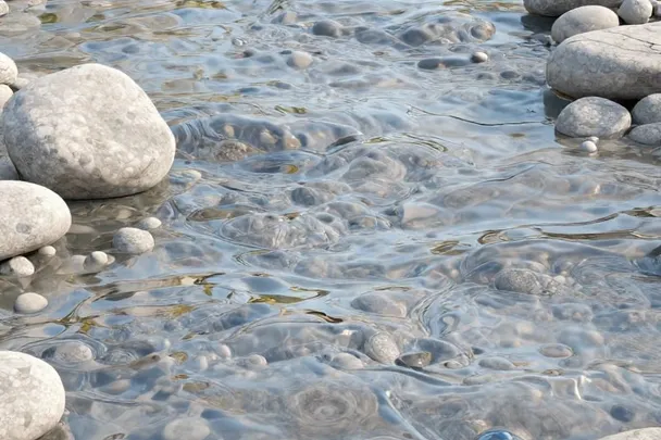 Agua transparente fluye sobre piedras claras en un arroyo
