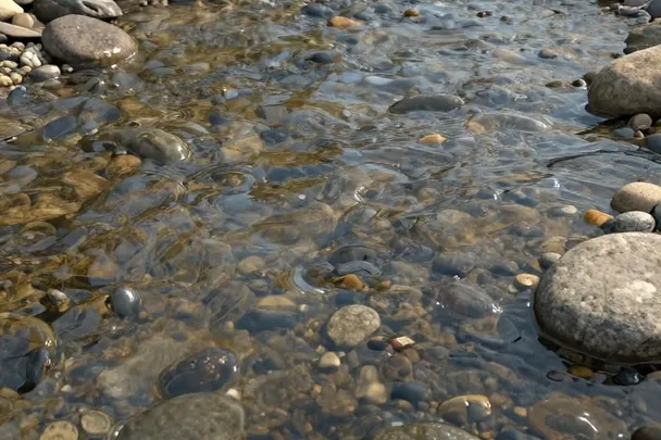Agua clara de un arroyo pasa sobre piedras redondeadas.