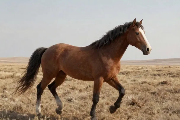 Caballo sano galopa libre por una llanura amplia