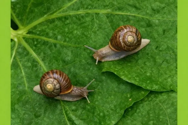 Dos caracoles de jardín avanzan separados sobre una hoja