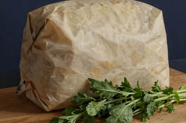 Paquete de alimento envuelto en papel liso reposa junto a hierbas de cocina