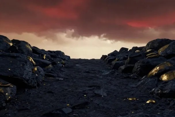 Camino oscuro se divide entre rocas bajo un cielo rojo que empieza a aclarar