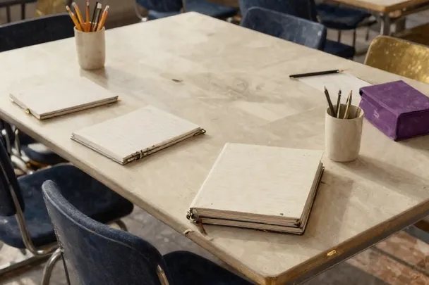 Mesa de trabajo compartida permanece ordenada entre varias sillas vacías