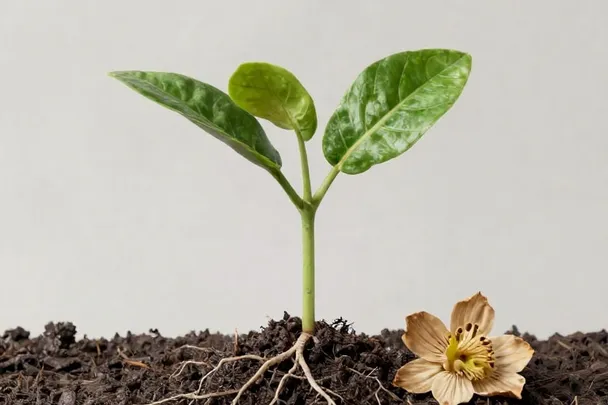 Brote verde surge junto a una flor seca caída sobre la tierra
