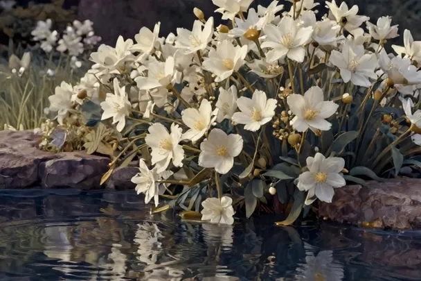 Flores blancas frescas crecen junto a un estanque tranquilo