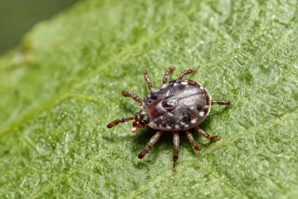 Garrapata pequeña permanece sobre el borde de una hoja